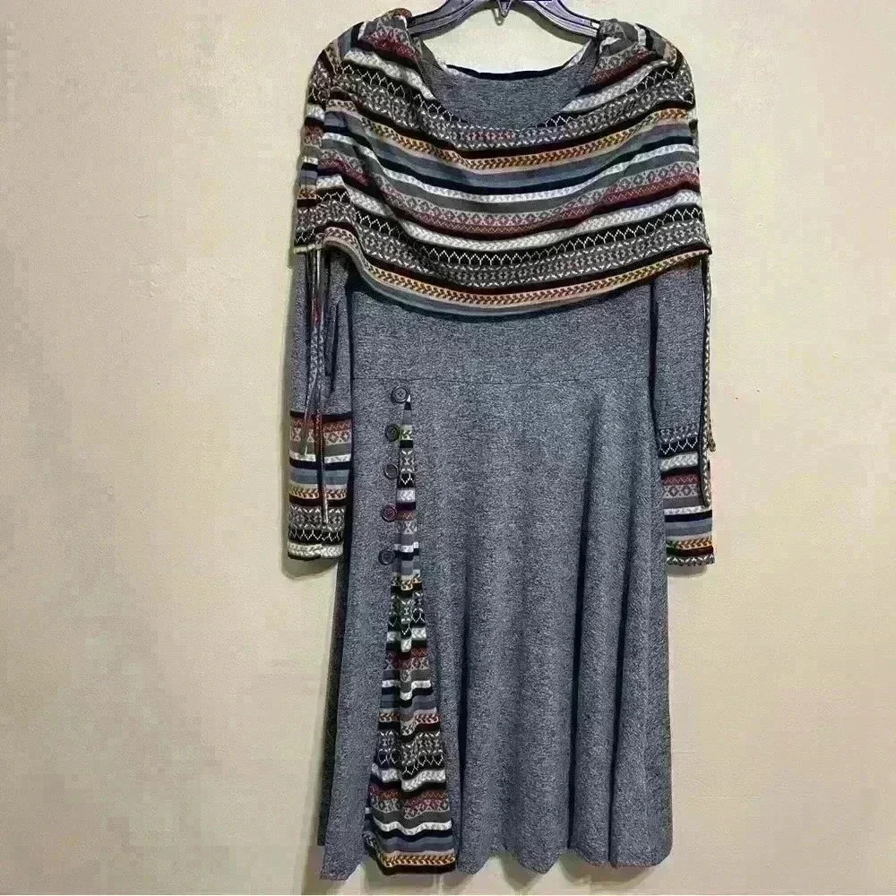 Boho Dress Women's Boat Neck Drawstring Ruched Long Sleeve Geometric size M - Picture 4 of 13